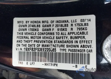 2014 Honda Civic Lx из США, поврежденный, VIN 19XFB2F53EE220685